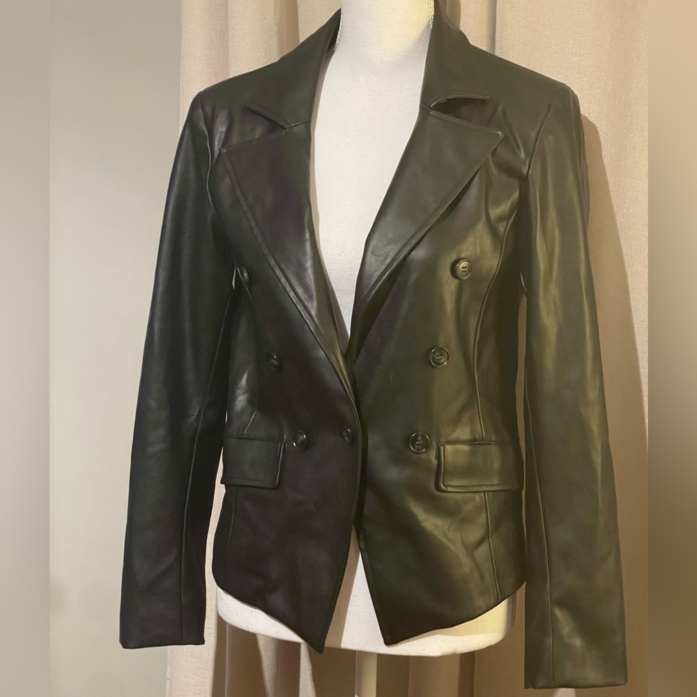 Evereve Vegan Leather Black Double Breasted Blazer Size S
